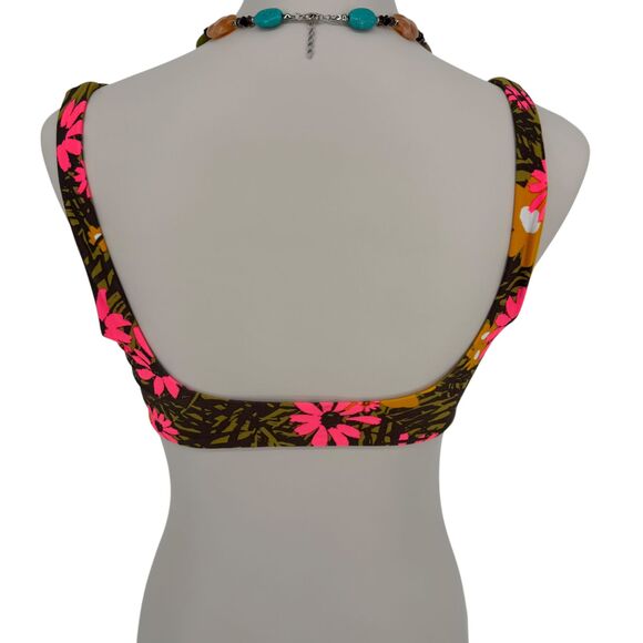 Aerie Bikini Top SMALL Scoop Retro Tropical Botanical Floral Green Pink Padded - Picture 6 of 12